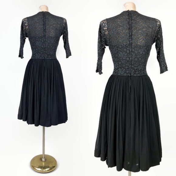 VINTAGE 50s 60s Black Sheer Lace and Chiffon Taffeta Party Dress VFG - Picture 6 of 9